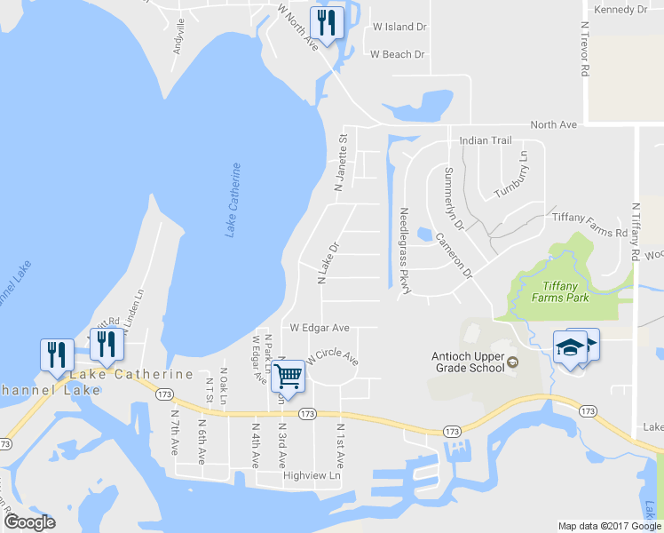 map of restaurants, bars, coffee shops, grocery stores, and more near 42623 North Lake Drive in Antioch