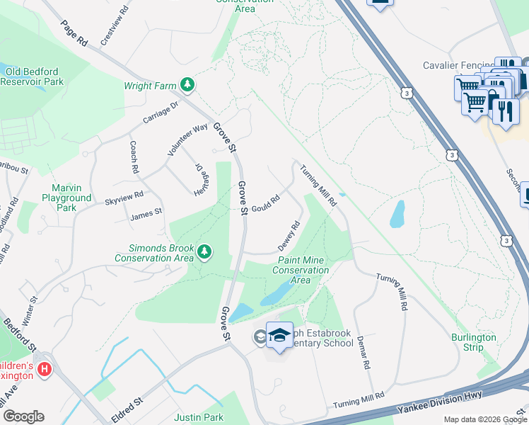 map of restaurants, bars, coffee shops, grocery stores, and more near 7 Gould Road in Lexington
