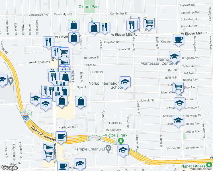 map of restaurants, bars, coffee shops, grocery stores, and more near 26010 Marlowe Place in Oak Park