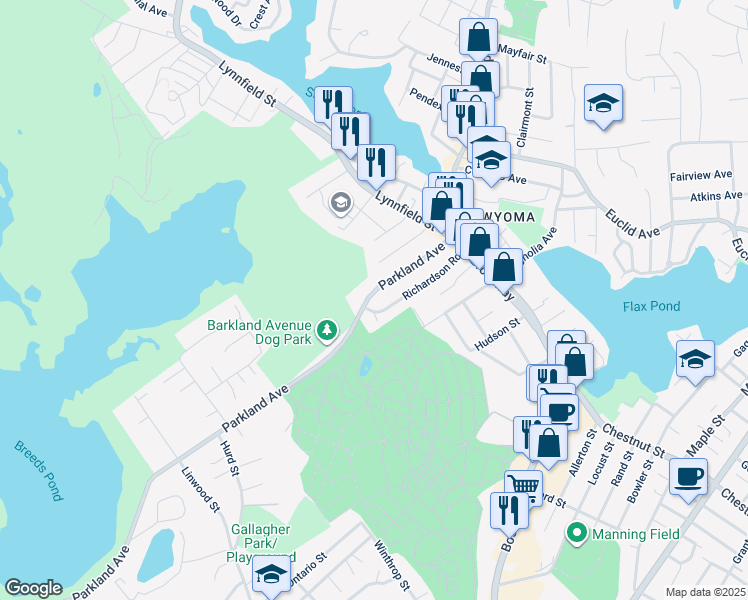 map of restaurants, bars, coffee shops, grocery stores, and more near 90 Parkland Avenue in Lynn