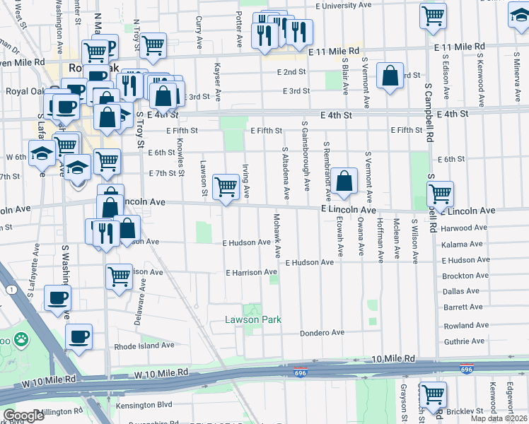 map of restaurants, bars, coffee shops, grocery stores, and more near 902 East Lincoln Avenue in Royal Oak