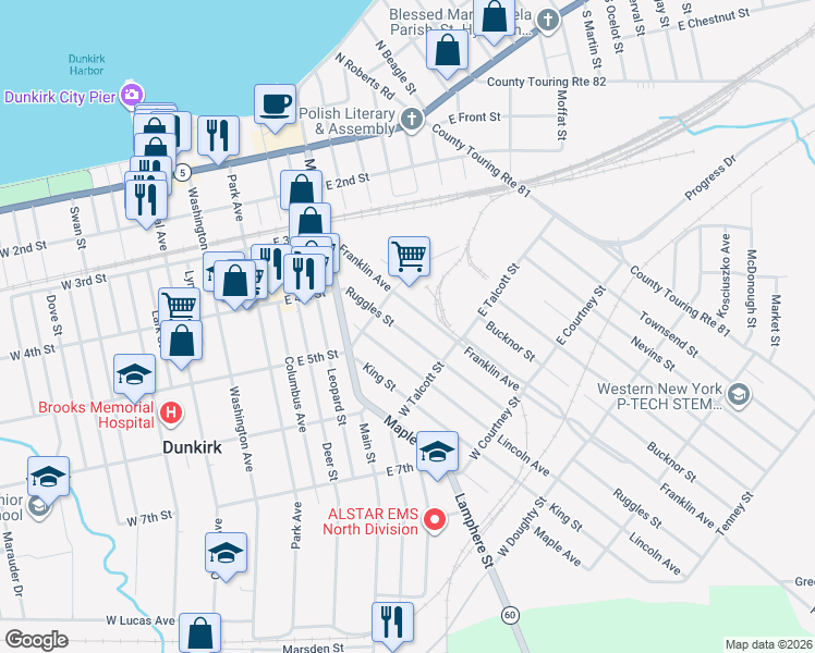 map of restaurants, bars, coffee shops, grocery stores, and more near 55 Ruggles Street in Dunkirk