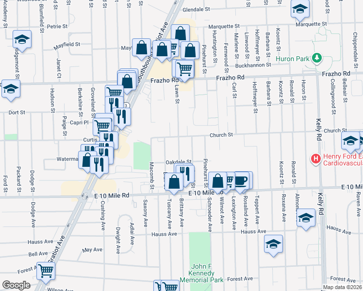 map of restaurants, bars, coffee shops, grocery stores, and more near 25364 Lawn Street in Roseville
