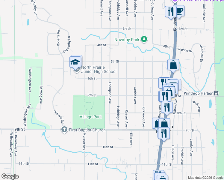map of restaurants, bars, coffee shops, grocery stores, and more near 631 Thompson Avenue in Winthrop Harbor
