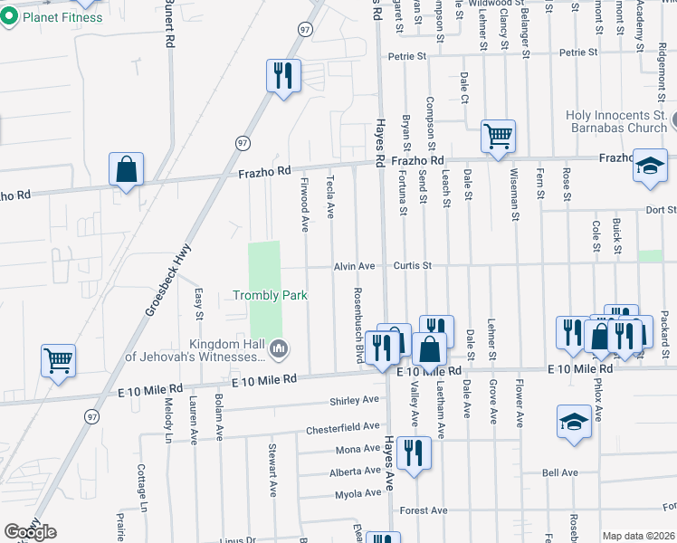 map of restaurants, bars, coffee shops, grocery stores, and more near 25290 Tecla Avenue in Warren