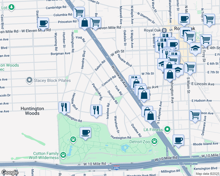 map of restaurants, bars, coffee shops, grocery stores, and more near 26074 Dundee Road in Huntington Woods
