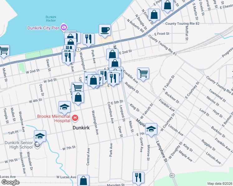 map of restaurants, bars, coffee shops, grocery stores, and more near 431 Leopard St in Dunkirk