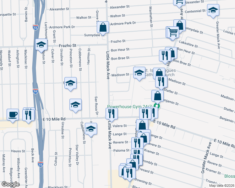 map of restaurants, bars, coffee shops, grocery stores, and more near 20818 Benjamin Street in St. Clair Shores