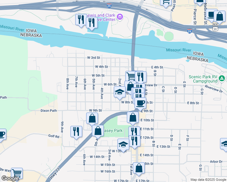 map of restaurants, bars, coffee shops, grocery stores, and more near 601-699 3rd Ave in South Sioux City