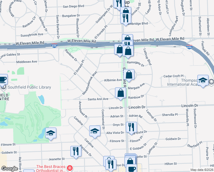 map of restaurants, bars, coffee shops, grocery stores, and more near 18230 Rainbow Drive in Lathrup Village