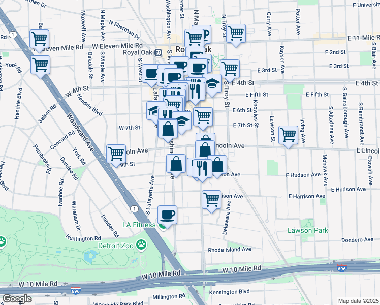 map of restaurants, bars, coffee shops, grocery stores, and more near 813 South Center Street in Royal Oak