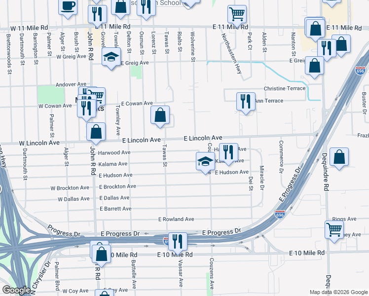 map of restaurants, bars, coffee shops, grocery stores, and more near 881 Harwood Avenue in Madison Heights