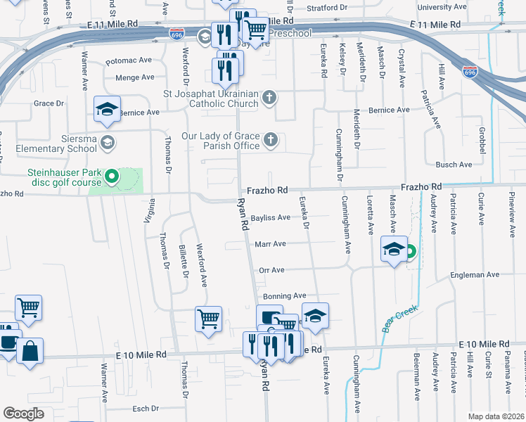 map of restaurants, bars, coffee shops, grocery stores, and more near 4233 Bayliss Avenue in Warren