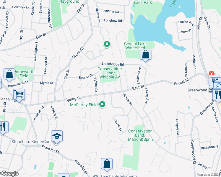 map of restaurants, bars, coffee shops, grocery stores, and more near 3 Cardinal Road in Stoneham