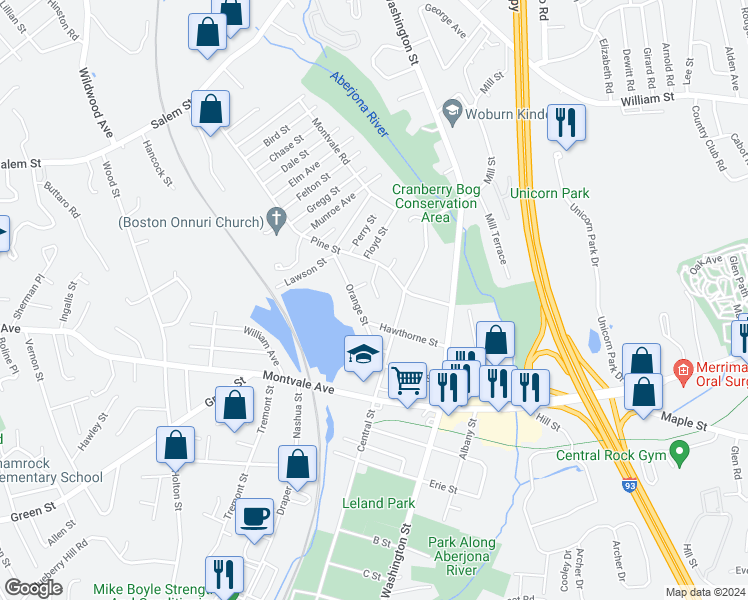 map of restaurants, bars, coffee shops, grocery stores, and more near 2 Carter Road in Woburn