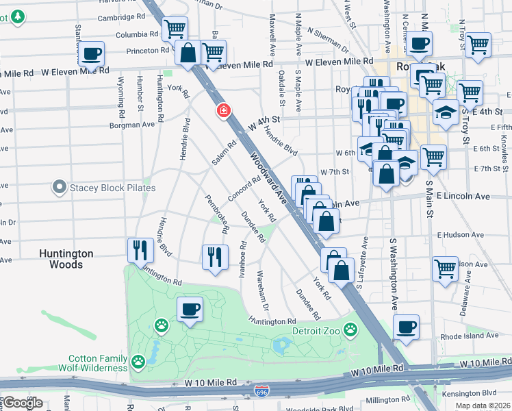 map of restaurants, bars, coffee shops, grocery stores, and more near 26074 Dundee Road in Huntington Woods