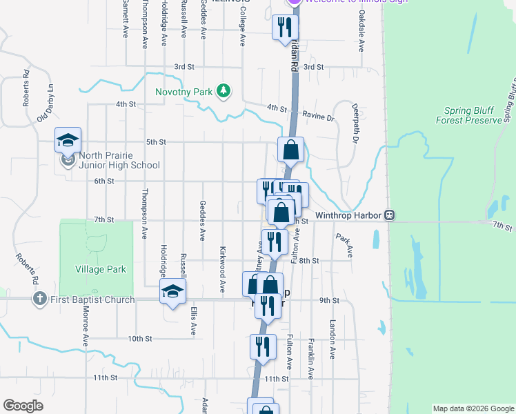 map of restaurants, bars, coffee shops, grocery stores, and more near 635 College Avenue in Winthrop Harbor