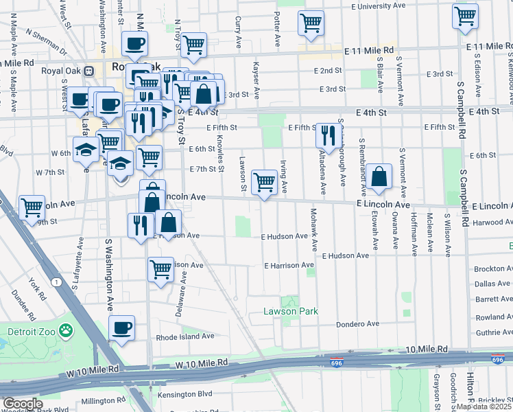 map of restaurants, bars, coffee shops, grocery stores, and more near 610 East Lincoln Avenue in Royal Oak