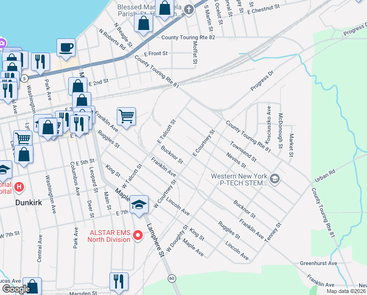 map of restaurants, bars, coffee shops, grocery stores, and more near 153 Lord Street in Dunkirk