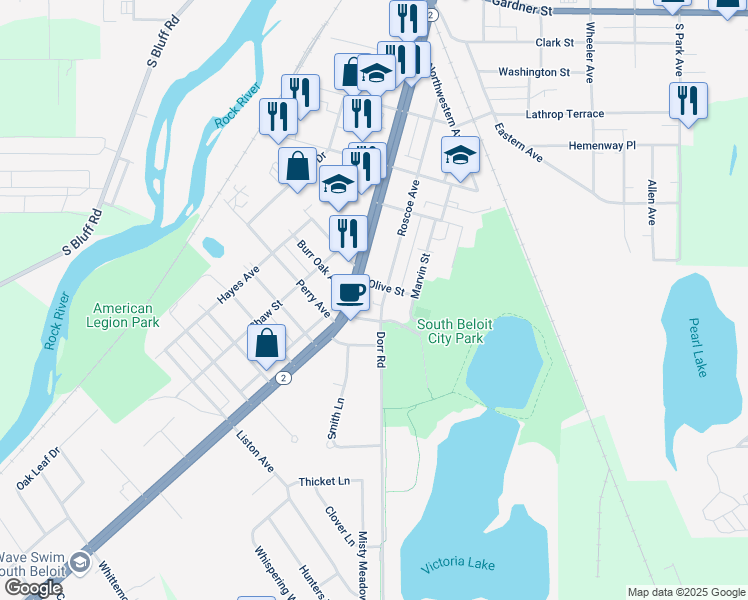 map of restaurants, bars, coffee shops, grocery stores, and more near 922 Roscoe Avenue in South Beloit
