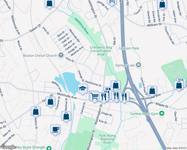 map of restaurants, bars, coffee shops, grocery stores, and more near 2 Central Street in Woburn
