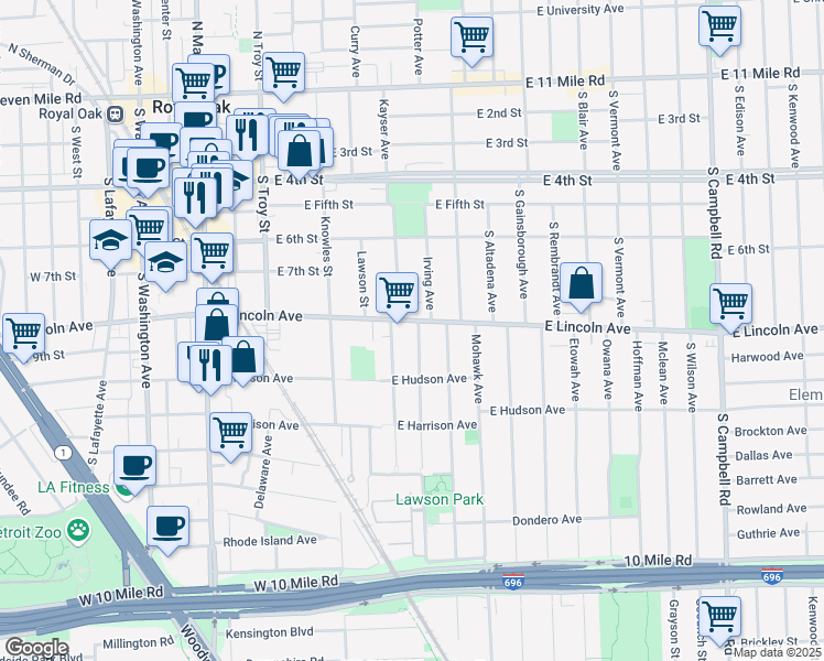 map of restaurants, bars, coffee shops, grocery stores, and more near 720 East Lincoln Avenue in Royal Oak