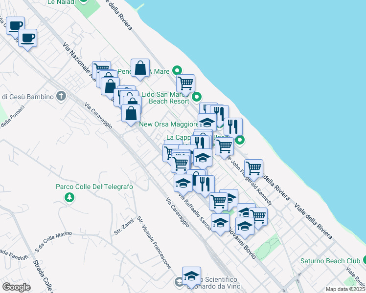 map of restaurants, bars, coffee shops, grocery stores, and more near 59 Via Luigi Cadorna in Pescara