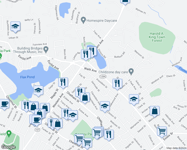 map of restaurants, bars, coffee shops, grocery stores, and more near 50 President Street in Lynn