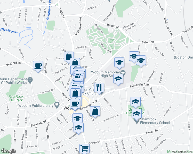 map of restaurants, bars, coffee shops, grocery stores, and more near 5 Wade Avenue in Woburn
