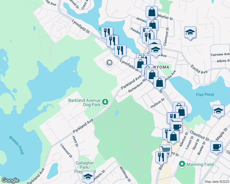 map of restaurants, bars, coffee shops, grocery stores, and more near 90 Parkland Avenue in Lynn