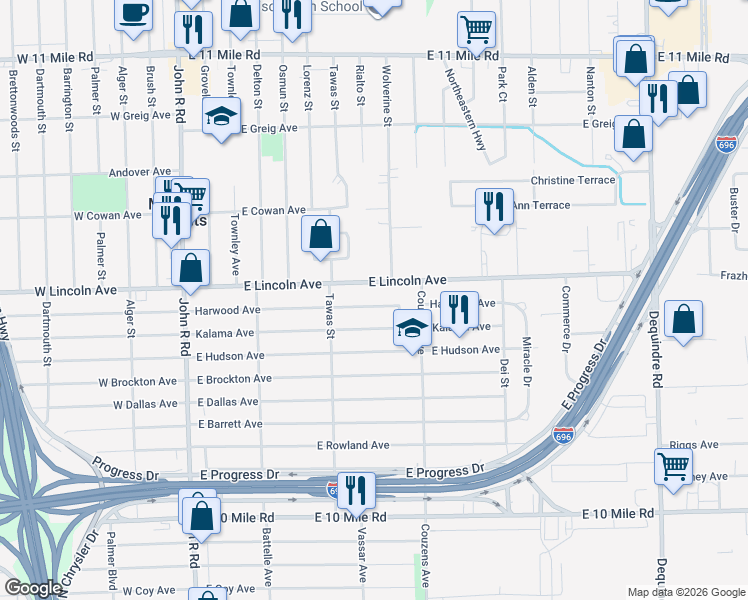 map of restaurants, bars, coffee shops, grocery stores, and more near 881 Harwood Avenue in Madison Heights