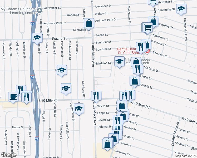map of restaurants, bars, coffee shops, grocery stores, and more near 20818 Benjamin Street in St. Clair Shores