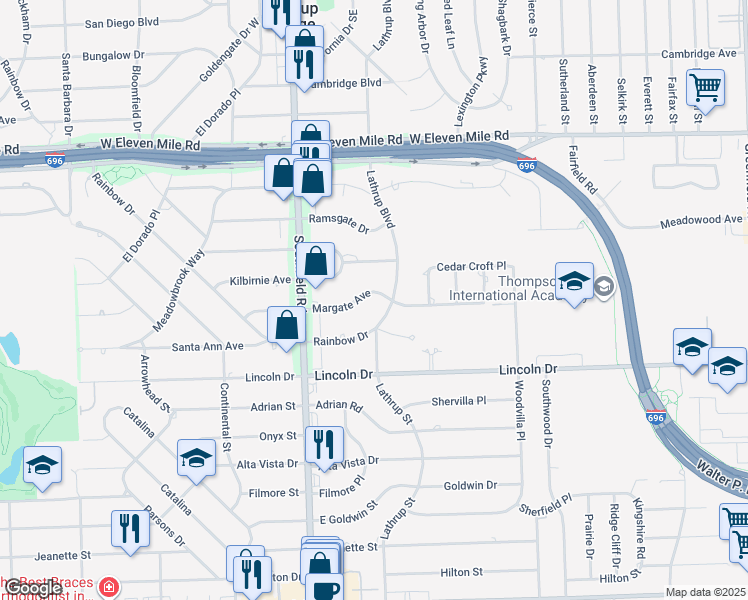 map of restaurants, bars, coffee shops, grocery stores, and more near 17525 Margate Avenue in Lathrup Village