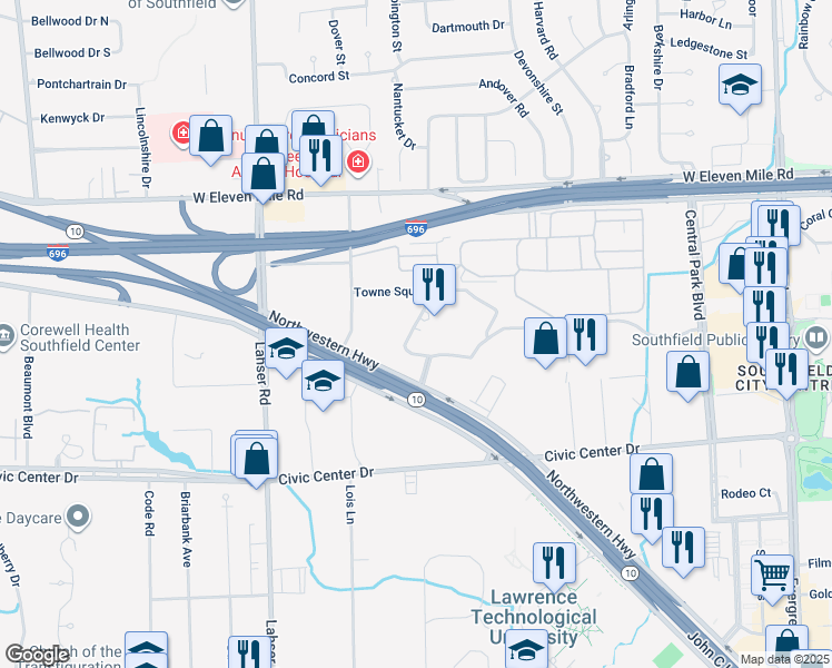 map of restaurants, bars, coffee shops, grocery stores, and more near in Southfield