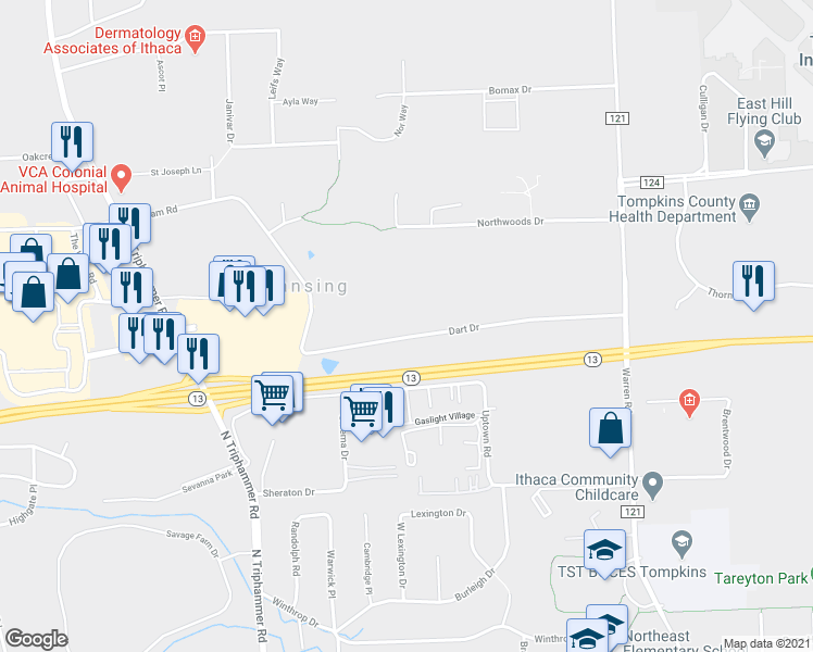 map of restaurants, bars, coffee shops, grocery stores, and more near 22 Dart Dr in Ithaca