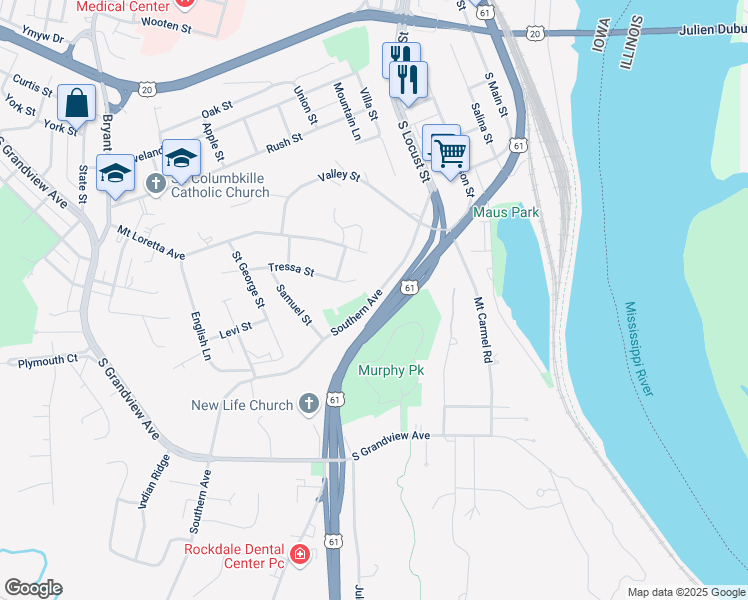 map of restaurants, bars, coffee shops, grocery stores, and more near 274 Southern Avenue in Dubuque