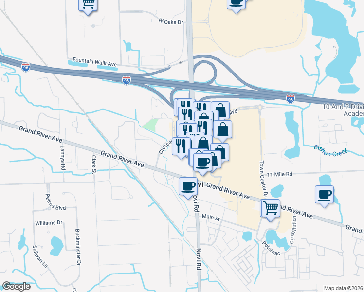 map of restaurants, bars, coffee shops, grocery stores, and more near 26285 Novi Road in Novi