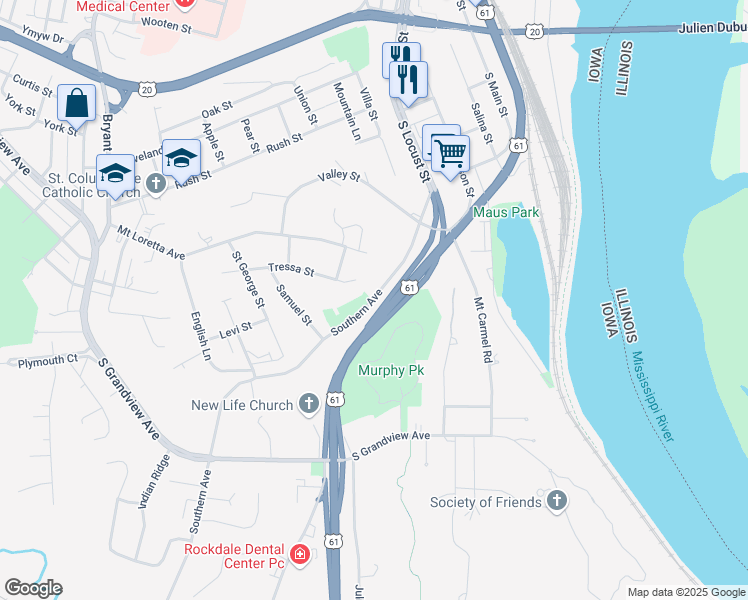 map of restaurants, bars, coffee shops, grocery stores, and more near 274 Southern Avenue in Dubuque