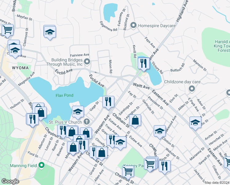 map of restaurants, bars, coffee shops, grocery stores, and more near 85 Western Avenue in Lynn