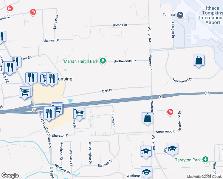 map of restaurants, bars, coffee shops, grocery stores, and more near 37 Dart Drive in Ithaca