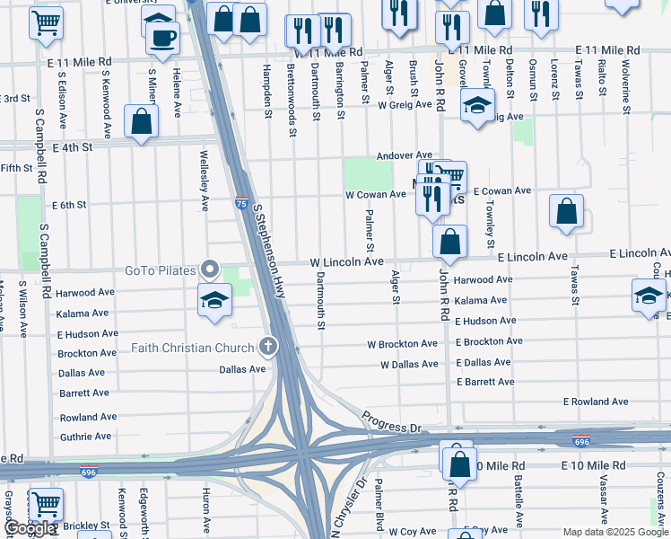 map of restaurants, bars, coffee shops, grocery stores, and more near 497 West Lincoln Avenue in Madison Heights