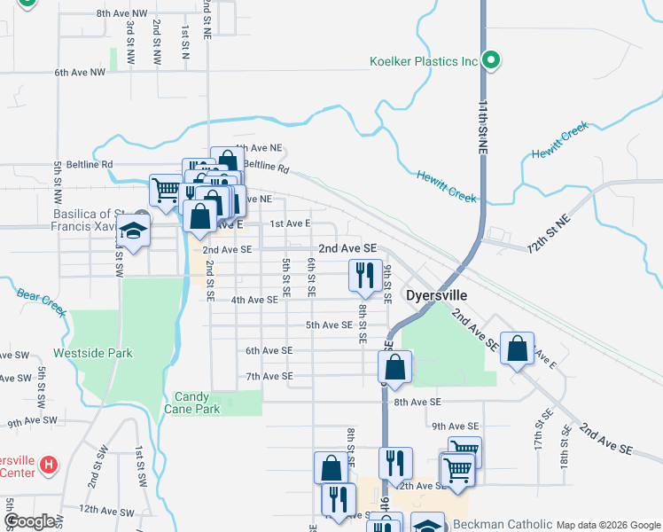 map of restaurants, bars, coffee shops, grocery stores, and more near 219 6th Street Southeast in Dyersville