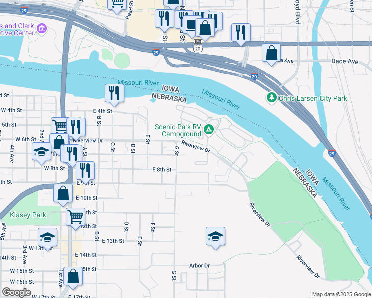 map of restaurants, bars, coffee shops, grocery stores, and more near 620 7th Avenue in South Sioux City