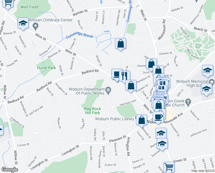 map of restaurants, bars, coffee shops, grocery stores, and more near 80 North Warren Street in Woburn