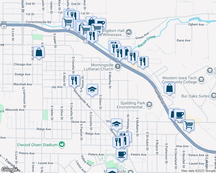 map of restaurants, bars, coffee shops, grocery stores, and more near 817 South Martha Street in Sioux City