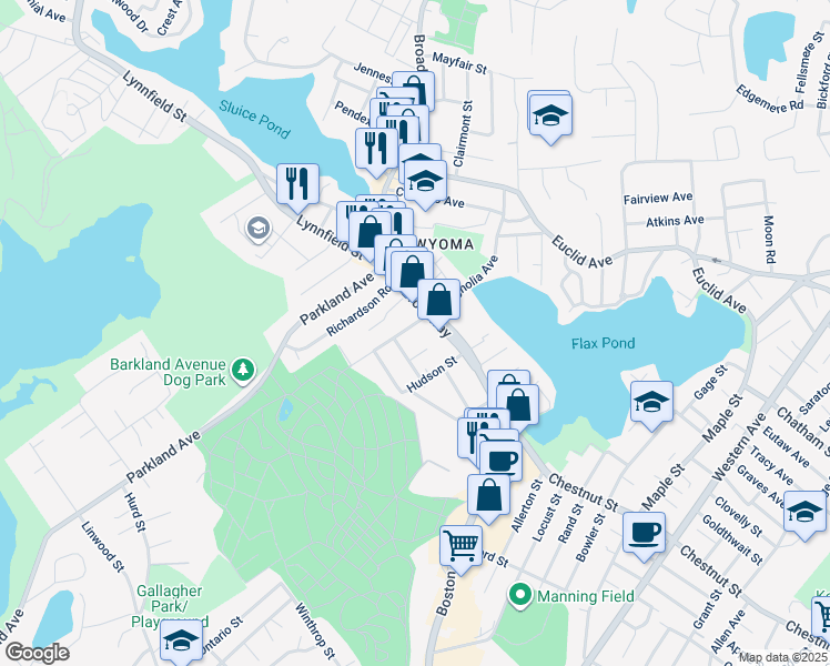 map of restaurants, bars, coffee shops, grocery stores, and more near 16 Springvale Avenue in Lynn