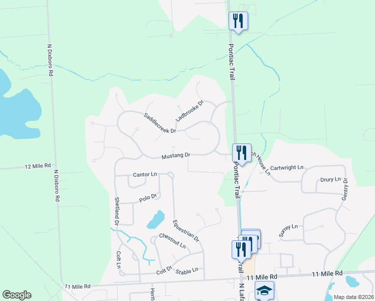 map of restaurants, bars, coffee shops, grocery stores, and more near 61368 Mustang Drive in South Lyon