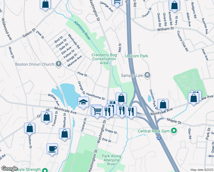 map of restaurants, bars, coffee shops, grocery stores, and more near 128 Washington Street in Woburn