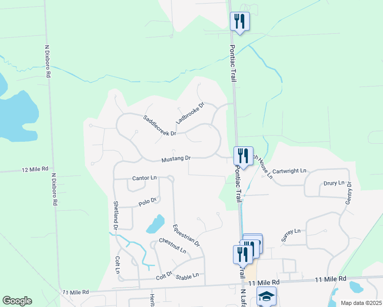 map of restaurants, bars, coffee shops, grocery stores, and more near 61368 Mustang Drive in South Lyon