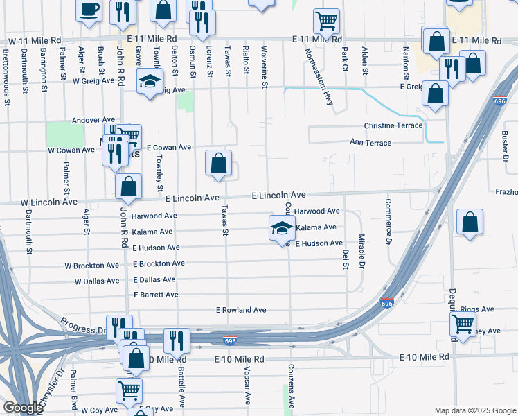 map of restaurants, bars, coffee shops, grocery stores, and more near 905 Harwood Avenue in Madison Heights